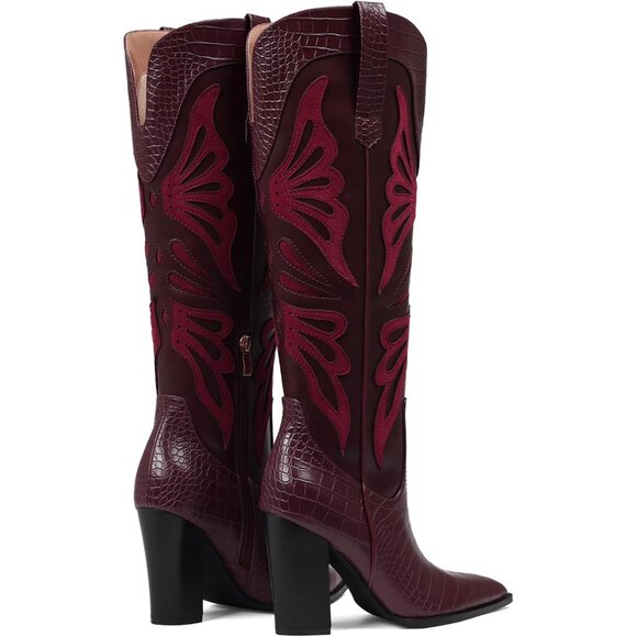 Women's Burgundy Pointed Toe Chunky High Heels Butterfly Cowgirl Boots Wide Calf - Picture 7 of 7